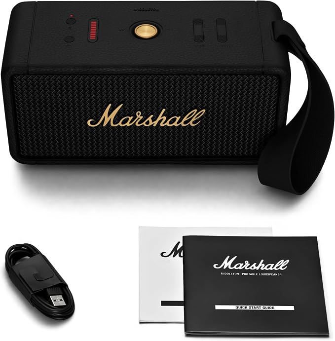 Marshall Middleton Portable Bluetooth Speaker - Rugged Waterproof/Dust-proof Design | Loud Stereo Sound, Deep Bass | Compact and Wireless for Travel and Outdoors - Black and Brass