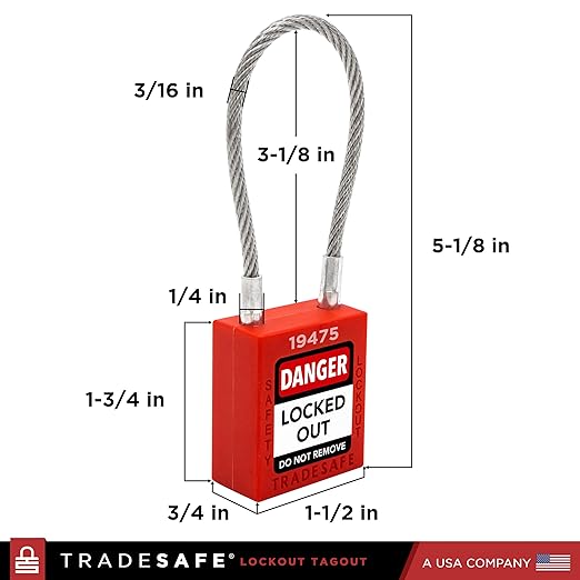 TRADESAFE Lockout Tagout Steel Cable Locks with Keys - 10 Red Keyed Alike Unlimited Grouping Electrical Lockout Padlock Set, 2 Keys Per Lock, Premium Grade Loto Locks, OSHA Compliant