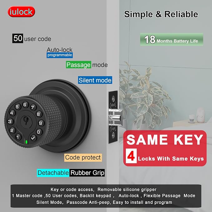 iulock Smart Door Knob with Keypad and Key,Keyless Entry Door Lock with Rubber Grip, Auto Lock,50 User Code,Waterproof, Easy to Install and Program for Bedroom (Matte Black Same Key 4 Pack)