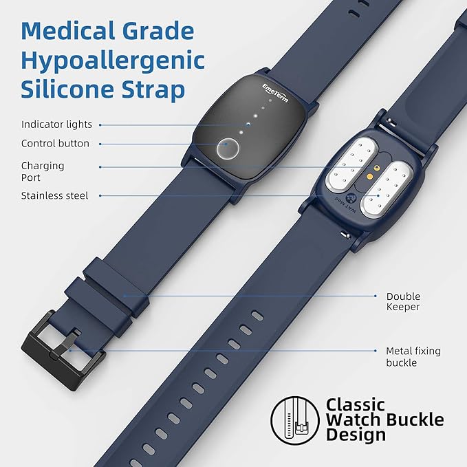 EmeTerm Explore Classic FDA-Cleared Anti-Nausea Wristband IP67 Waterproof Morning Motion Sickness Relief Band Rechargeable Classic Strap Design Drug Free Non-drowsy Without Side Effects Navy Blue
