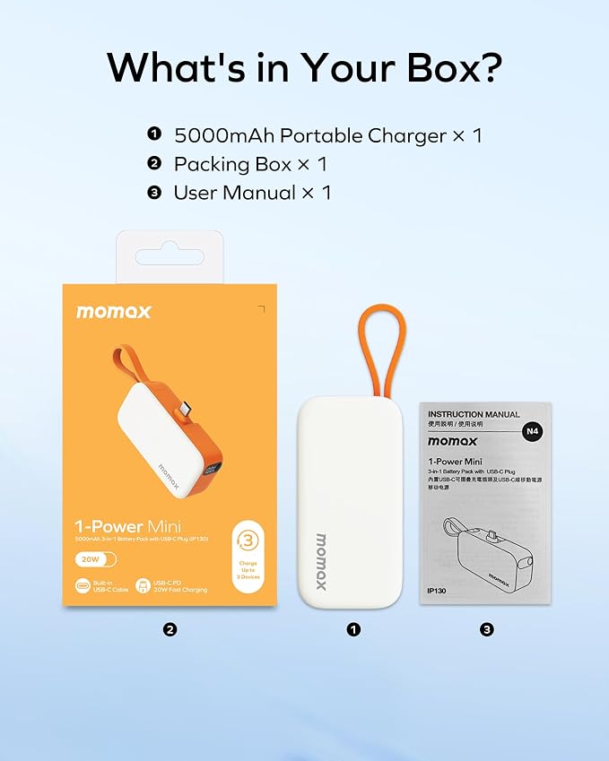 MOMAX Portable Charger, 5000mAh Small Power Bank PD 20W Fast Charging Battery Pack with 3 USB-C, LED Battery Display, Smart Temperature Control for iPhone 17 16 15 Pro Max(Orange)