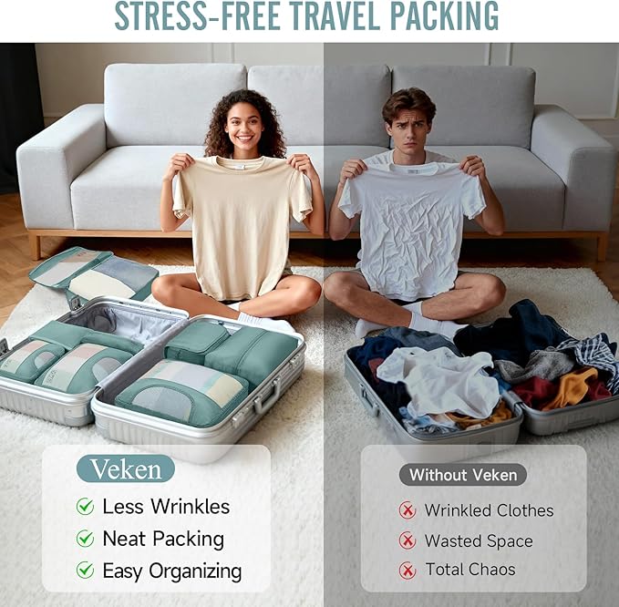 Veken 8 Set Packing Cubes for Travel Essentials, Suitcase Organizer Bags in 4 Sizes, Carry-On Luggage Accessories with Large Laundry Bag & Passport Holder, Must-Have for Airplane, Road Trip & Camping