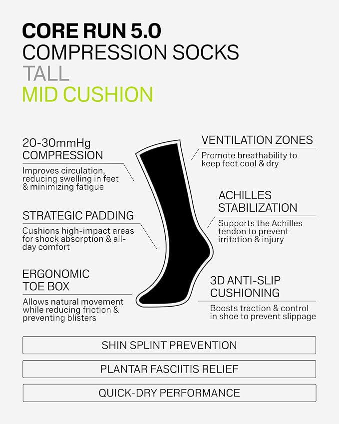 CEP Core Run 5.0 Tall Compression Socks for Men – 20-30mmHg Compression, Achilles & Shin Support, Breathable Quick-Dry Fabric for Improved Performance & Fast Recovery