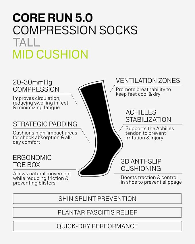 CEP Core Run 5.0 Tall Compression Socks for Men – 20-30mmHg Compression, Achilles & Shin Support, Breathable Quick-Dry Fabric for Improved Performance & Fast Recovery