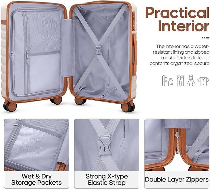 UKEIN Luggage Sets 3 Piece, PC Hardside Carry On Luggage 28 Inch With Spinner Wheels with TSA Lock, Carry On Suitcase Set With Travel Backpack for Men (Beige, 3 piece set (28inch))
