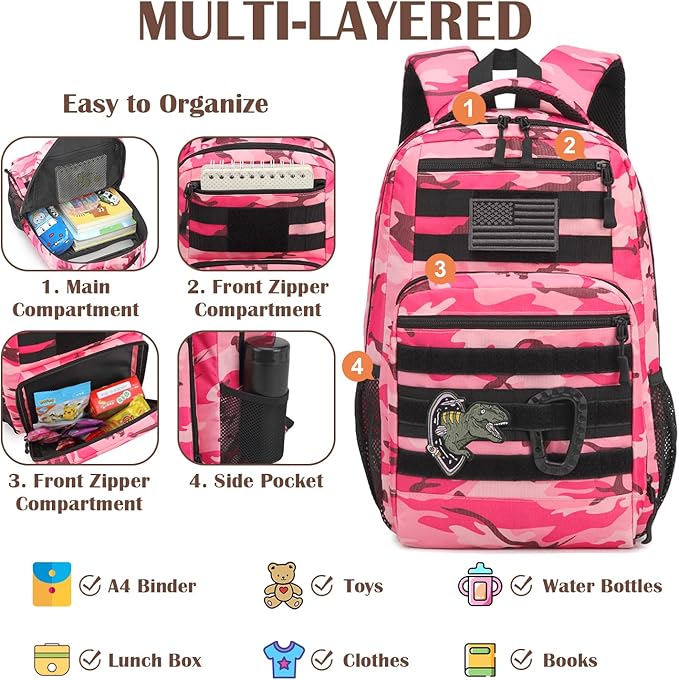 Kids Tactical Backpack Army Molle Bookbag Military Boys Backpack for School, Outdoor, Camping, Pink CM