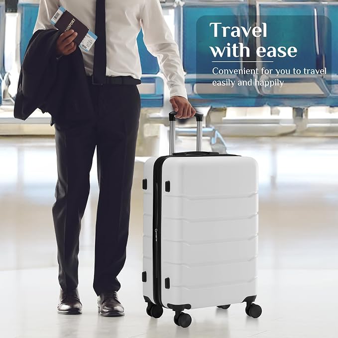 NEWBULIG 24 Inch Checked Luggage, ABS Hard Shell Lightweight Rolling Expandable Suitcase with Smooth Spinner Wheels and TSA Lock for Business Trips and Daily Vacations, White