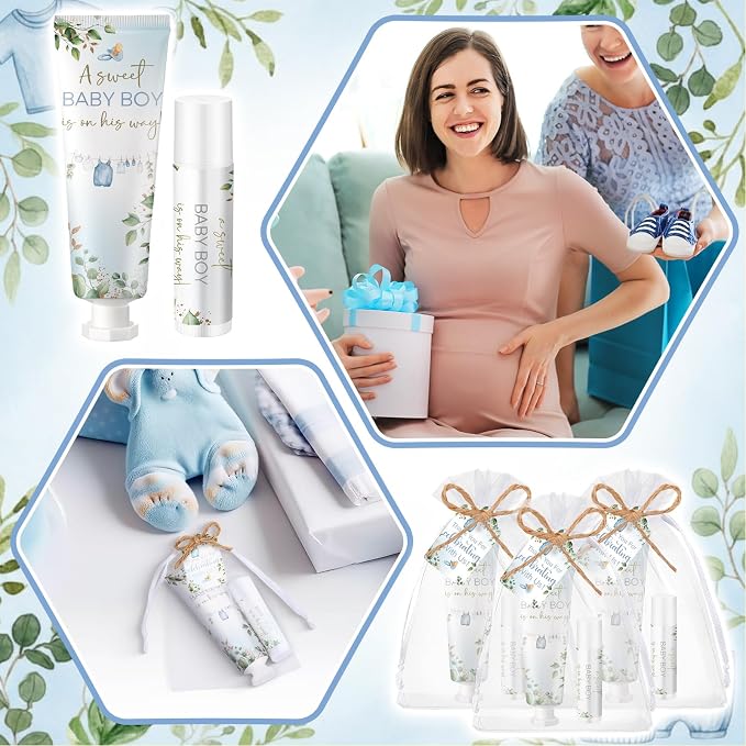 Lounsweer 24 Sets Boy Baby Shower Party Favors for Guests Greenery "a Sweet Baby Boy Is on His Way" Theme Cute Clothes Design Travel Size Hand Cream and Lip Balm Gifts Sprinkle Favors