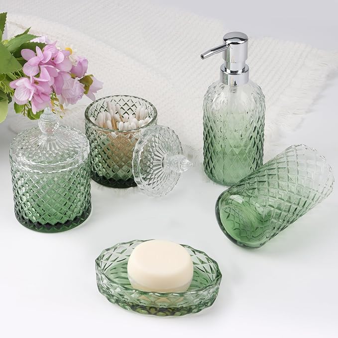 5Pcs Glass Bathroom Accessories Set,Green Vintage Bathroom Accessory Set, Bathroom Counter Sink Toothbrush Holder Set Includes 13.5oz Hand/Lotion Soap Dispenser & Tumbler & Soap Dish & Qtip Holders