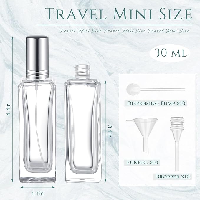 Domensi 30 Pcs 10/15/20/30 ml Perfume Travel Refillable Glass Bottles Spray Bottle Perfume Atomizer for Cologne Dispenser Leak-proof Fragrance Bottles Atomizer Pump Kit (30 ml,Silvery)