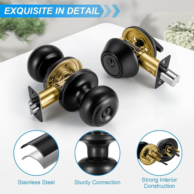 Plustool 3 Pack Front Door Lock Set Matte Black,Exterior Door Lock Set with Deadbolt,Single Cylinder Deadbolt Lock and Door Knob Set,Keyed Alike Door Knobs with Lock&Keys,Round Ball Entry Door Lockset