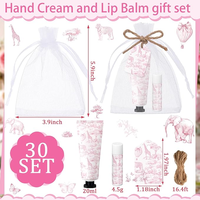 Qunclay 30 Sets Toile De Jouy Baby Shower Hand Cream and Lip Balm Gift Set Pink Chinoiserie Safari Animals Travel Size Hand Lotion Lip Balm Gifts Baby Bridal Shower Party Supplies for Guests