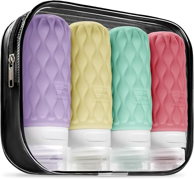 100 ml Silicone Travel Bottles for Toiletries with Labels/Clear Bag, Holiday Travel Essentials Leakproof Refillable Squeeze Travel Size Containers Set for Shampoo and Conditioner