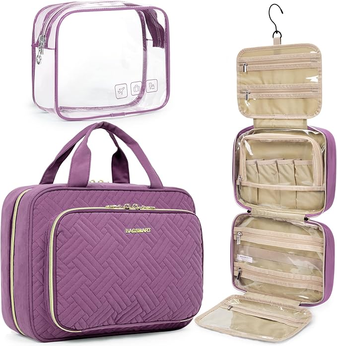 BAGSMART Toiletry Bag Hanging Travel Makeup Organizer with TSA Approved Transparent Cosmetic Bag Makeup Bag for Full Sized Toiletries, Large-Purple