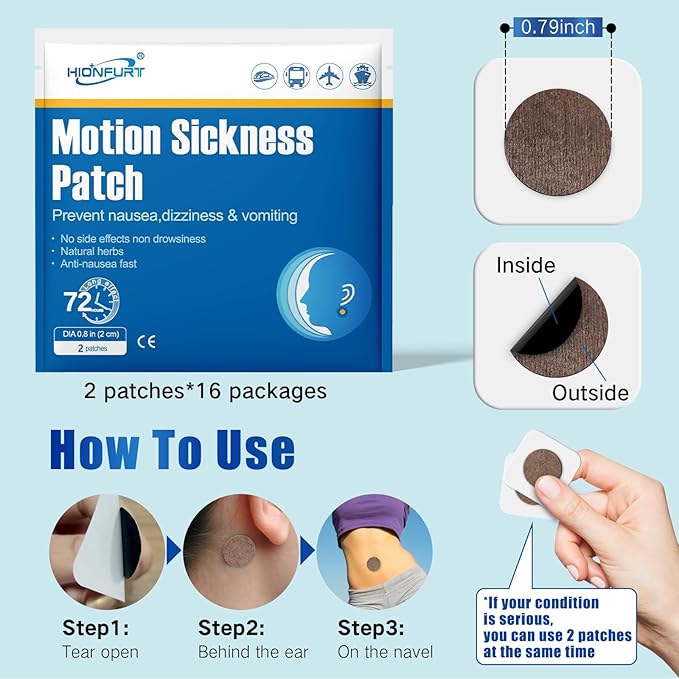 Hionfurt 32ct Motion Sickness Patches – Sea Sickness Patches for Cruise, Car, Airplane, and Other Travel – Non-Drowsy, Effective, Lasts 72 Hours