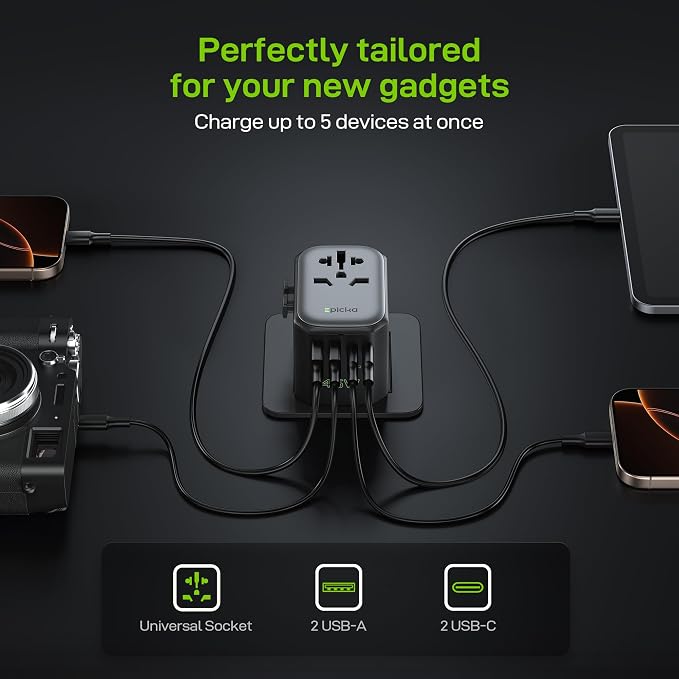 EPICKA Pulse 45W International Power Adapter, Universal Travel Adapter with PD Fast Charging, 5-Port (1 AC/2 USB-A/2 USB-C) European Travel Plug Adapter, Travel Essentials (Black)