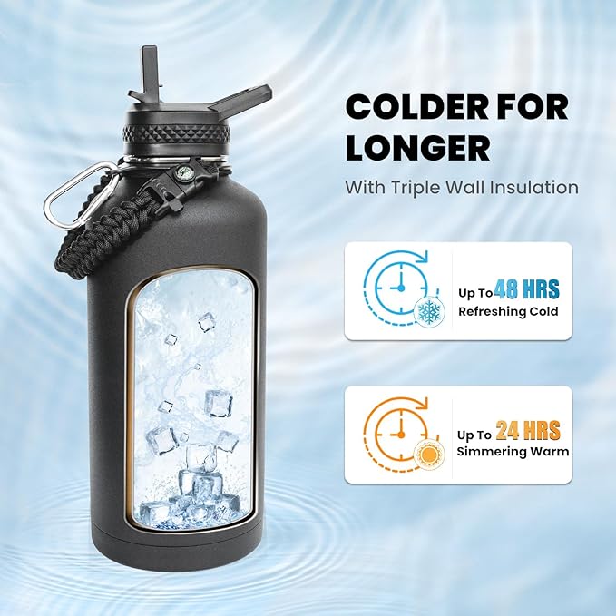 RAYMYLO Insulated Water Bottle 87 oz, Triple Wall Vacuum Stainless Steel (Cold for 48 Hrs), Leak Proof & Non-BPA, Modern Water Flask Jug with Paracord Handle & Straw Spout Lids, Magic Black