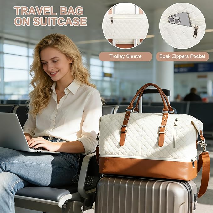 Travel Duffel Bag, Weekender Overnight Bag for Women with Trolley Sleeve, Carry On Bag for Airplanes Sport Tote Gym Bag with Shoes Compartment.(Beige)