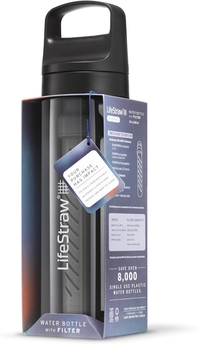 LifeStraw Go Series — BPA-Free Water Filter Bottle for Travel and Everyday Use Removes Bacteria, Parasites and Microplastics, Improves Taste, 22 oz, Nordic Noir
