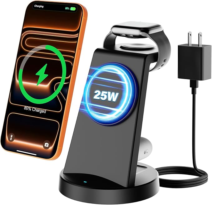 25W Magnetic 3-in-1 Wireless Charging Station for Apple Multiple Devices: Fast Charger Stand for iPhone Air 17 16 15 14 13 12 Pro Max, Apple Watch and AirPods-Perfect for Business and Travel, Black