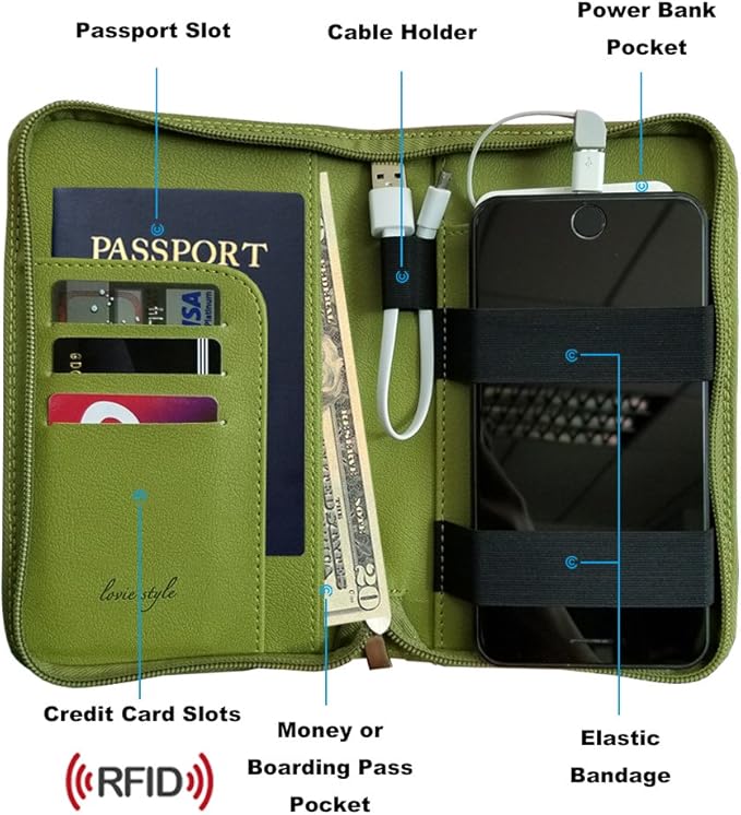 Phone Charging Passport Holder - Travel Wallet with Removable Power Bank holds money, cards, phone, travel docs- RFID Blocking - Compatible with All Phones - Travel Accessories