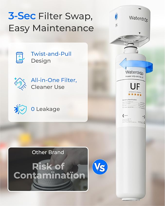 Waterdrop RF17W-UF 0.01 μm Water Filter Replacement for Waterdrop 17UBW-UF Under Sink Water Filter, Reduces Lead, Chlorine, Bad Taste & Odor, 3 Years