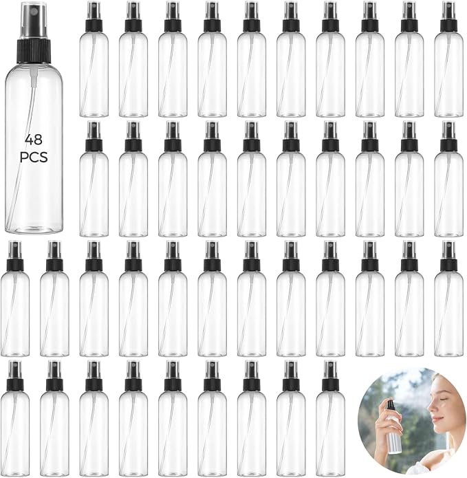OMISTAR 48 Pcs 4 oz Plastic Spray Bottles - 120 ML Travel Size, Fine Mist Sprayers, Ideal for Perfumes, Cosmetics, Cleaning Solutions, and More, BlackClear