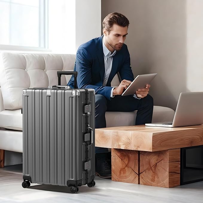 Krute Aluminum Frame Luggage 28 Inch Checked Suitcase with Spinner Wheels TSA Approved No Zipper Hard Shell Luggage PC+ABS Travel Suitcase Gray
