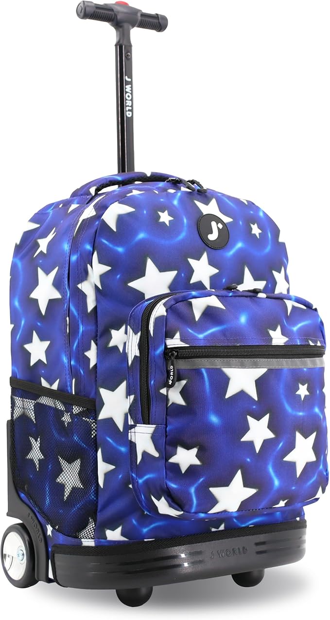 J World Sunrise Kids Rolling Backpack for Girls Boys. Roller Bookbag With Wheels For School, Puffy Star