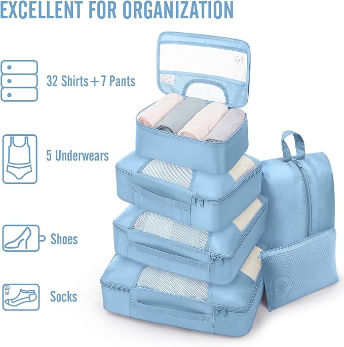 Veken 8 Set Packing Cubes for Travel Essentials, Suitcase Organizer Bags in 4 Sizes, Carry-On Luggage Accessories with Large Laundry Bag & Passport Holder, Must-Have for Airplane, Road Trip & Camping