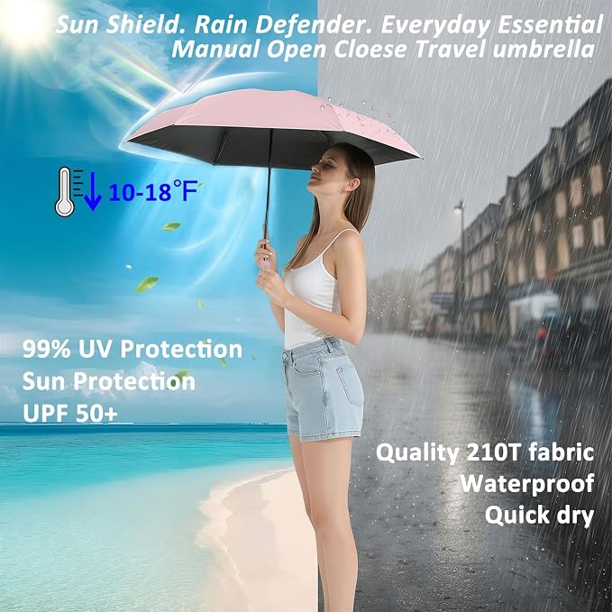 BAODINI Travel Essentials Mini Umbrella for Purse With Case Small Compact UV Sun Protection Lightweight Tiny Pocket Manual Open Close Umbrella for Women Kids and Men Fits Purse Backpack