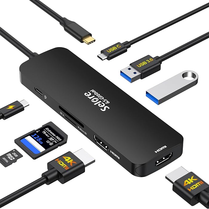USB C Docking Station Dual HDMI Monitor, USB C to Dual HDMI Adapter with 2HDMI Ports, PD Charging, SD/TF, USB A&C 3.0 Ports, Laptop Docking Station for Dell XPS/HP/Lenovo/Surface/Yoga etc(Black)
