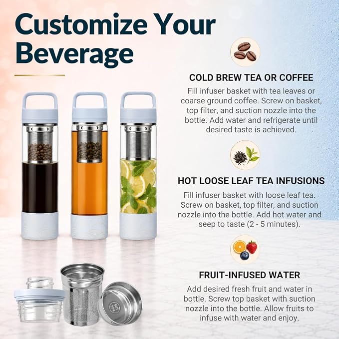 Farasi Loose Leaf Tea Infuser Bottle Wide Mouth Coffee, Fruit, Insulated Stainless Steel Water Bottle Infuser Tumbler - Leakproof Built In Handle Travel Mug Pink Floral 24 oz