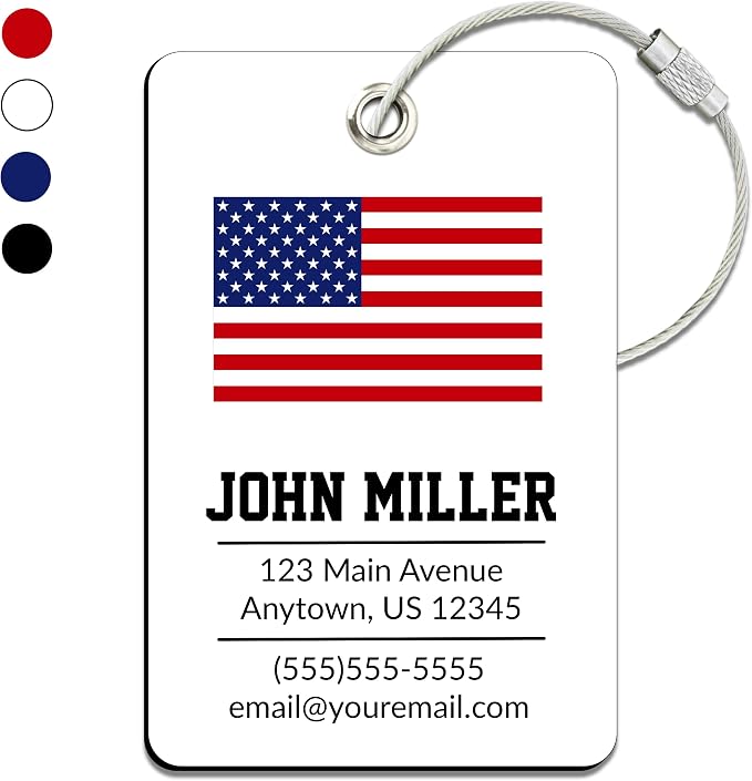 Personalized Luggage Tag with American Flag | Custom Luggage Tags for Suitcases | Kids Backpack Tag | 4 Color Options & Choose Font, Font Color