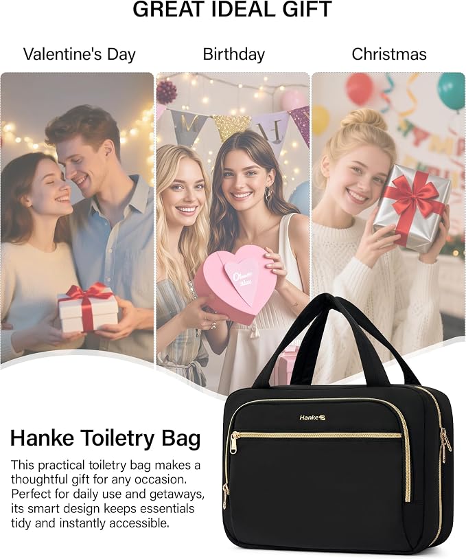 Hanke Hanging Travel Toiletry Bag for Women, Water-Resistant Makeup Organizer with Hook, Cosmetic Bag for Bathroom & Travel Essentials Accessories, Black