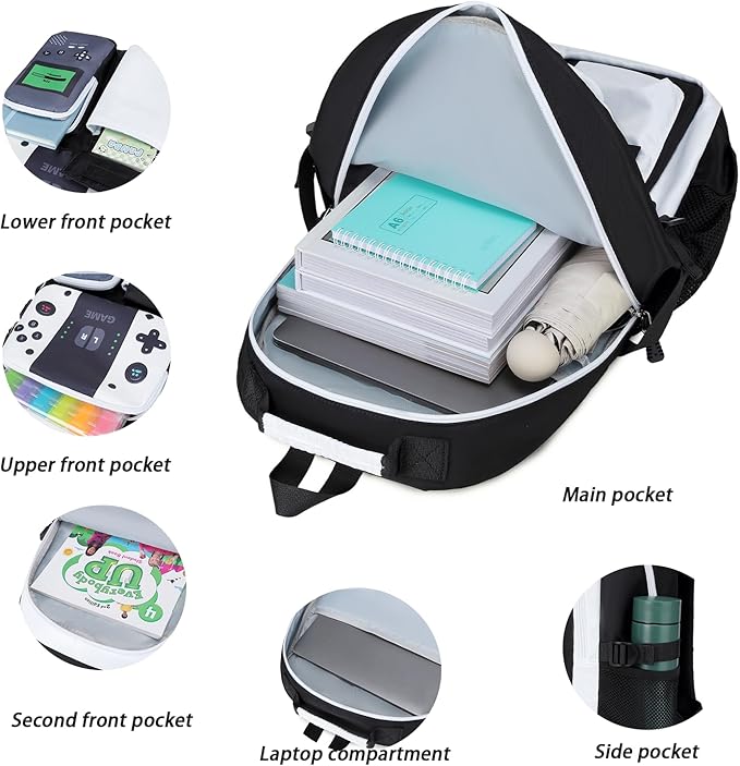 Boys Backpack Kids Bookbag TeensSchool Bag LuminousGame Large capacity bag (4BlackWhite Set)