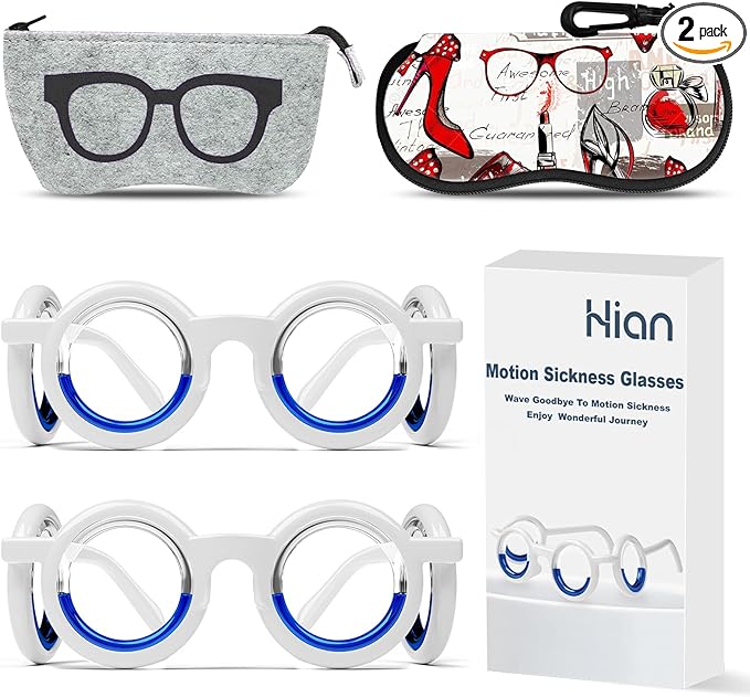 Hion Motion Sickness Glasses,Relieve Carsickness Airsickness Seasickness Glasses,Ultra-Light Portable Nausea Vertigo Glasses, No Lens Liquid Glasses for Adults or Kids(2Pairs)