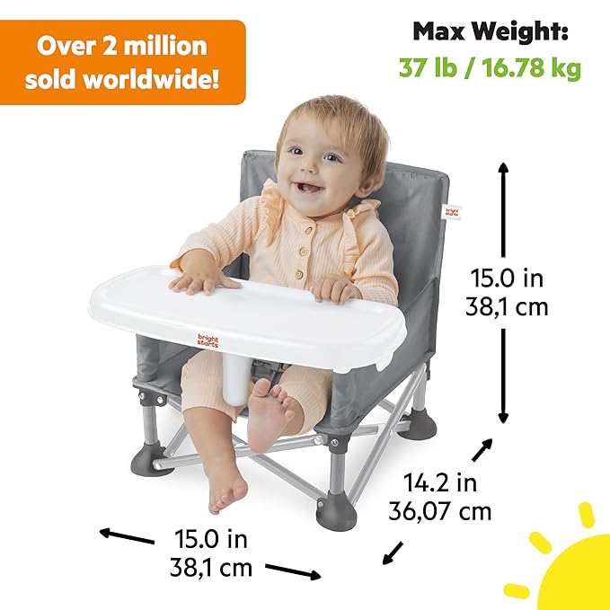 Bright Starts Pop ‘N Sit Portable Booster Seat, 3-in-1 Floor Seat, Travel High Chair & Toddler Booster with Feeding Tray, Indoor/Outdoor, Grey, 6 Months–3 Years