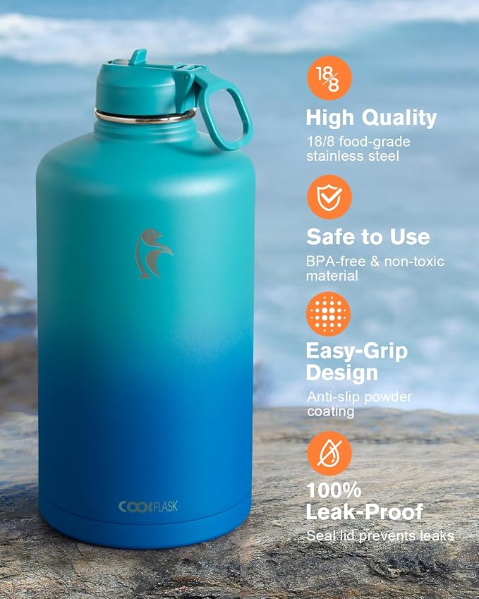 Coolflask 128 oz Gallon Water Bottle Insulated with Straw&3 Lids, Water Jug Large Stainless Steel Metal Vacuum Wide Mouth for Sports, Gym or Office, Non-BPA Keep Cold 48H Hot 24H, Indigo Blue