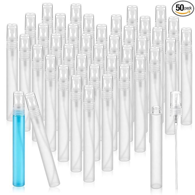 Zhehao 50 Pcs Mini Spray Bottles 10 ml Clear Glass Perfume Bottles Refillable Fine Mist Perfume Atomizer Portable Empty Sample Containers for Cleaning, Essential Oils, Travel (Matte)