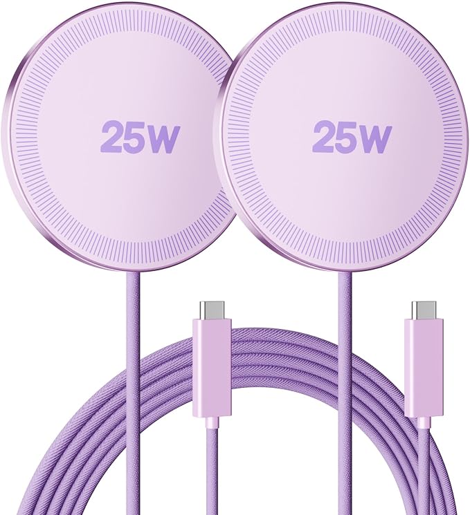 25W Magnetic Wireless Charger: Fast Charging Pad for iPhone 17 16 15 14 13 12 Pro Max, Samsung Galaxy S26 S25, Google Pixel 10, AirPods-Slim Portable for Travel Bedside Office-Light Violet 2 Pack