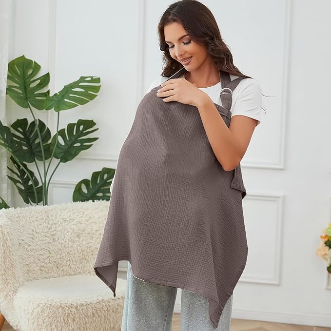 Muslin Nursing Cover for Baby Breastfeeding, Breathable 100% Cotton Breastfeeding Cover with Rigid Hoop for Mother Nursing Apron (Cocoa)
