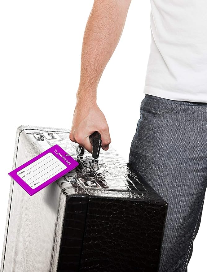 Luggage Tags Business Card Holder by TUFFTAAG - Durable Travel ID Bag Tag, Deep Purple, 2 Tags