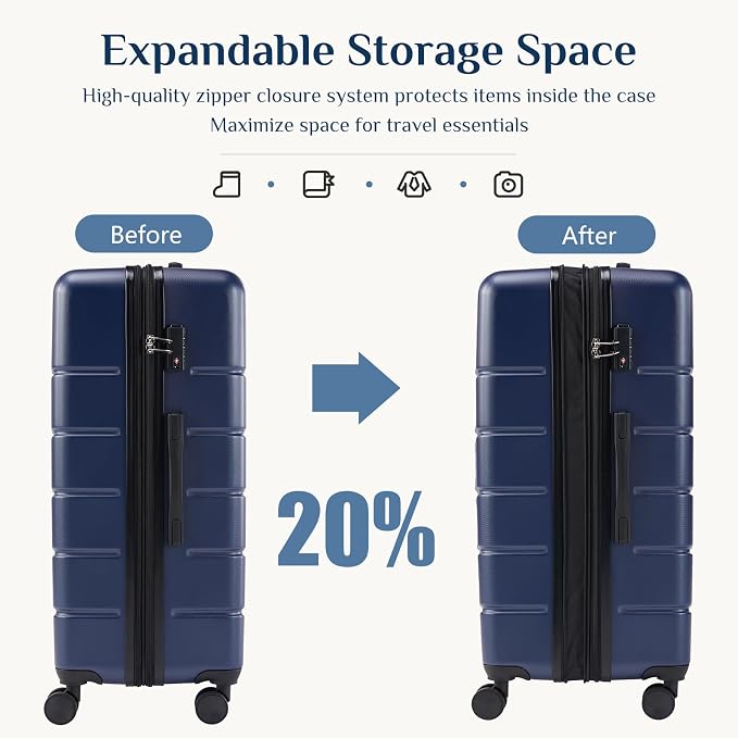 NEWBULIG 24 Inch Checked Luggage, ABS Hard Shell Lightweight Rolling Expandable Suitcase with Smooth Spinner Wheels and TSA Lock for Business Trips and Daily Vacations, Blue