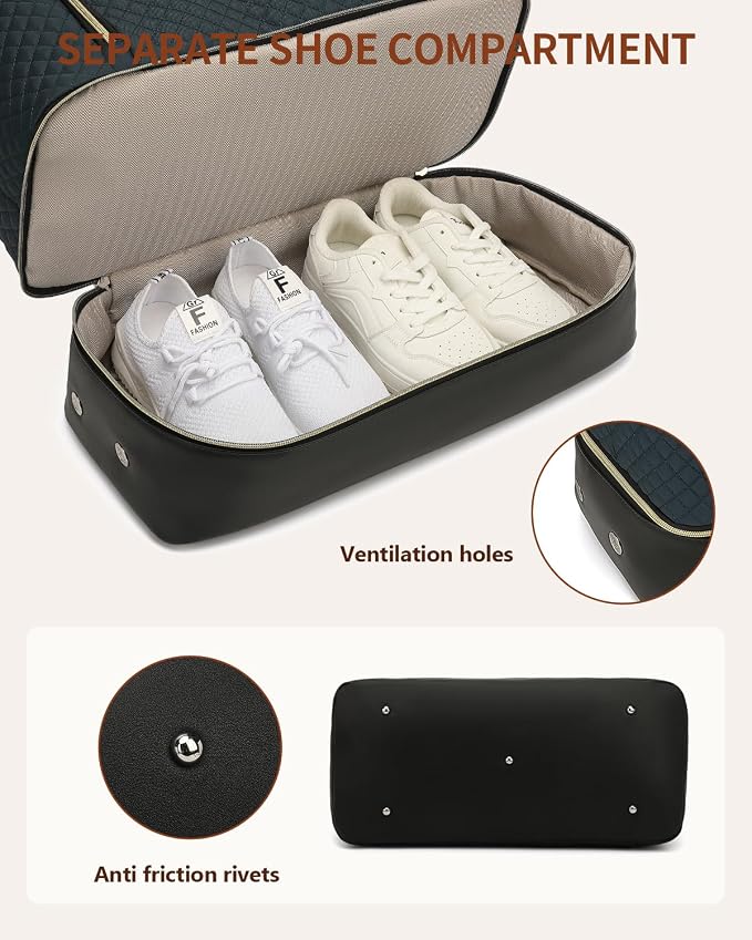 Weekender Bags for Women Travel, Under Seat Carry On Bags for Airplanes Overnight Bag with Shoe Compartment Luggage Sleeve, Foldie Travel Tote Bag Hospital Bag, Travel Gifts, PeacockBlue Black