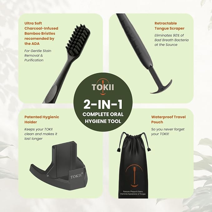 TOKII Tongue Scraper & Tongue Cleaner for Adults, 2-in-1 Toothbrush with Sliding Tongue Scraper, Charcoal Ultra Soft Bristles, Ayurvedic-Inspired, Includes Travel Toothbrush, Stand & Waterproof Pouch