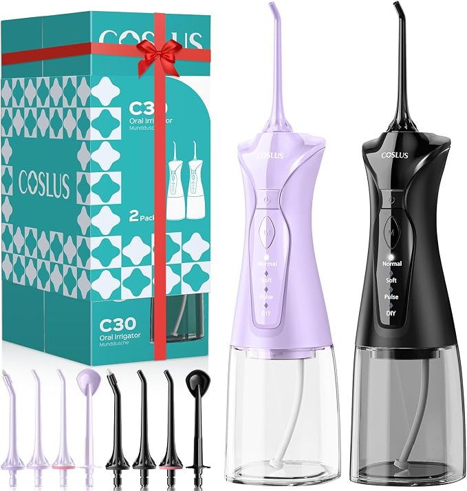 COSLUS Water Dental Flosser Pick for Teeth C30(FC5360): 4 Modes Cordless Portable 300ML Larger Tank Water Teeth Cleaner IPX7 Flossing Cleaning Picks for Home Travel Black & Purple 2pcs Portable Set