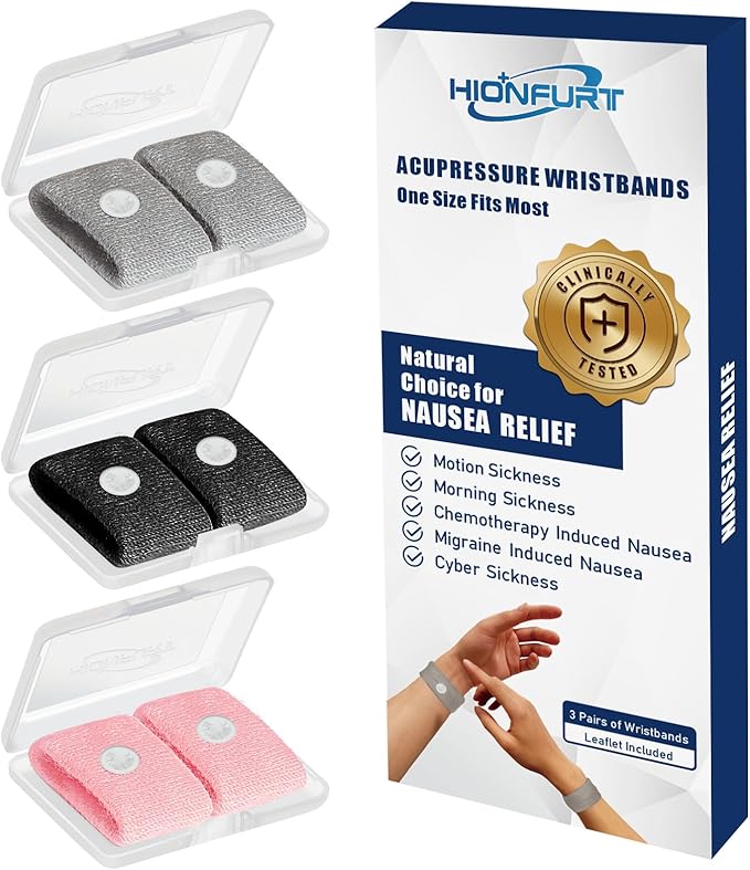 Hionfurt Motion Sickness Bands Anti Nausea Wristband for Adult and Kids Morning Sickness Relief for Pregnant Women Acupressure Nausea Relief for Car, Sea, Air Sickness - 3 Pairs Gray, Black, Pink