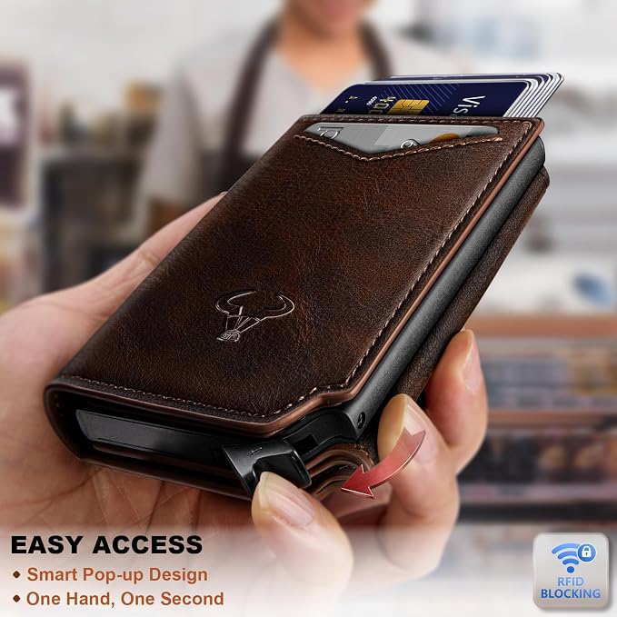 BULLIANT Men Wallet Leather Wallet Card Holders Money Clip for Men 10Cards-Magnetic Flip on Metal Case