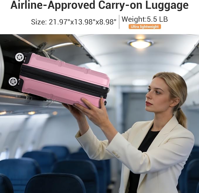Kono Carry On Luggage 22x14x9 Airline Approved with Spinner Wheels,Lightweight PC+ABS 20 Inch Luggage with TSA Lock,Expandable Hard Shell Carry On Suitcases for Men Women,Pink